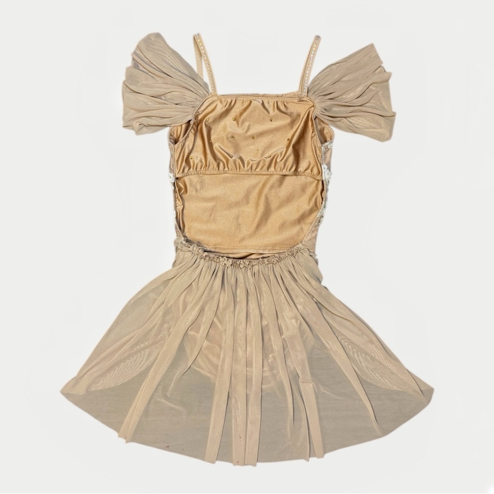 Glamour Dancewear | Tan Lyrical Dance Costume Dress with Floral Accent, Size SA - Picture 3 of 5